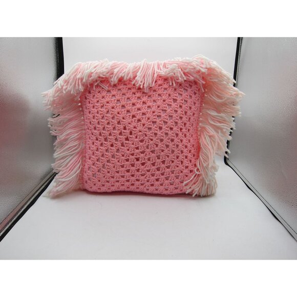 Adorable Vintage Handmade Pom-Pom Poodle Dog On Pink Crochet Mat With Fringe - U - Picture 8 of 10